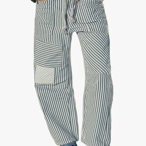 Women's Striped Blue and White Relaxed Denim Pants/Jeans